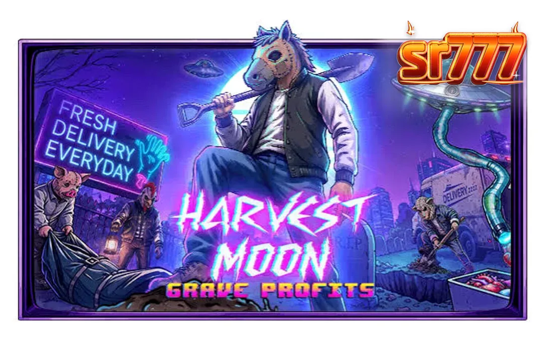 Tampilan visual slot Harvest Moon Grave Profits dengan tema horor sci-fi